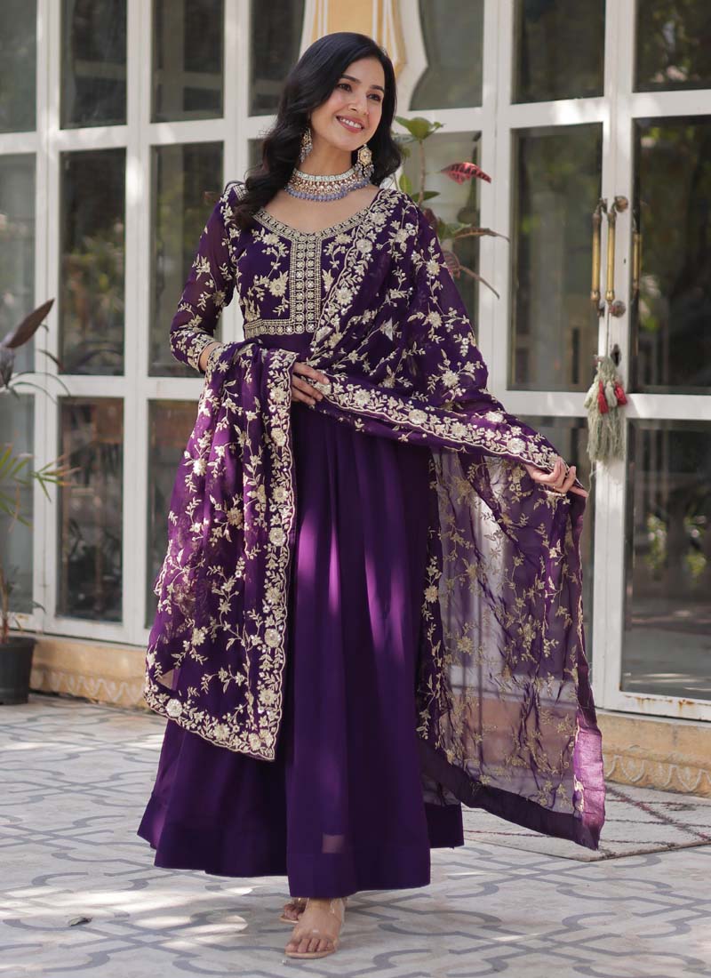 Prazu Fashion Purple Georgette Embroidered Sequence Gown With Dupatta