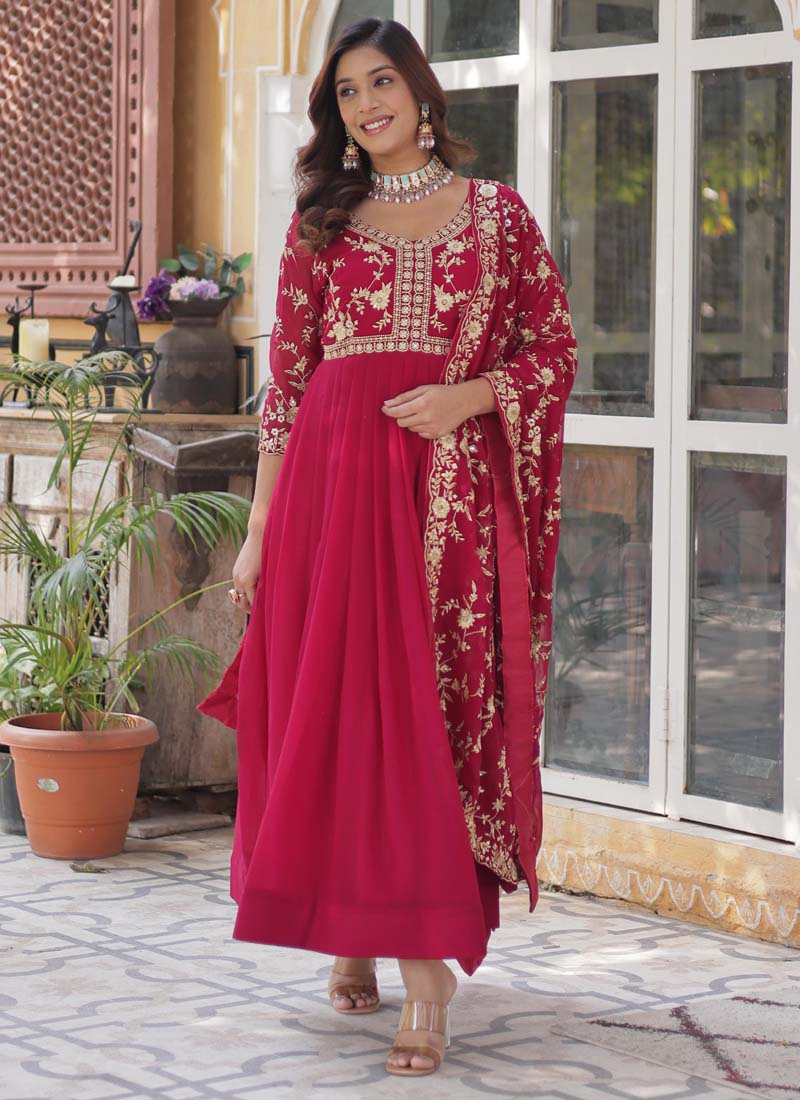 Prazu Fashion Red Georgette Embroidered Sequence Gown With Dupatta