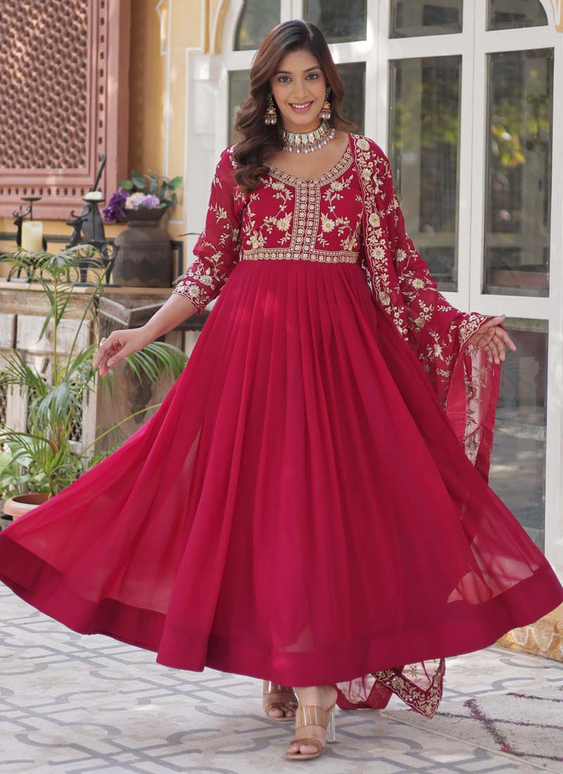 Prazu Fashion Red Georgette Embroidered Sequence Gown With Dupatta