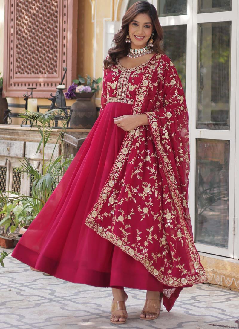 Prazu Fashion Red Georgette Embroidered Sequence Gown With Dupatta