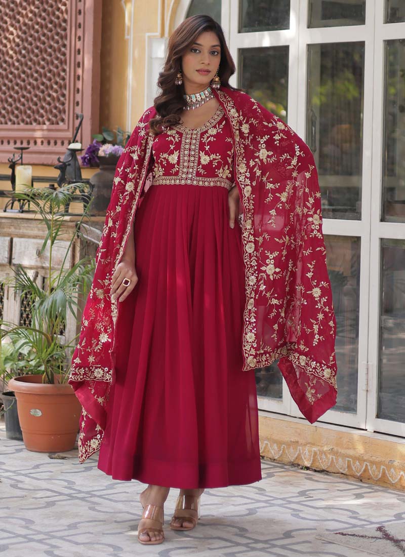 Prazu Fashion Red Georgette Embroidered Sequence Gown With Dupatta