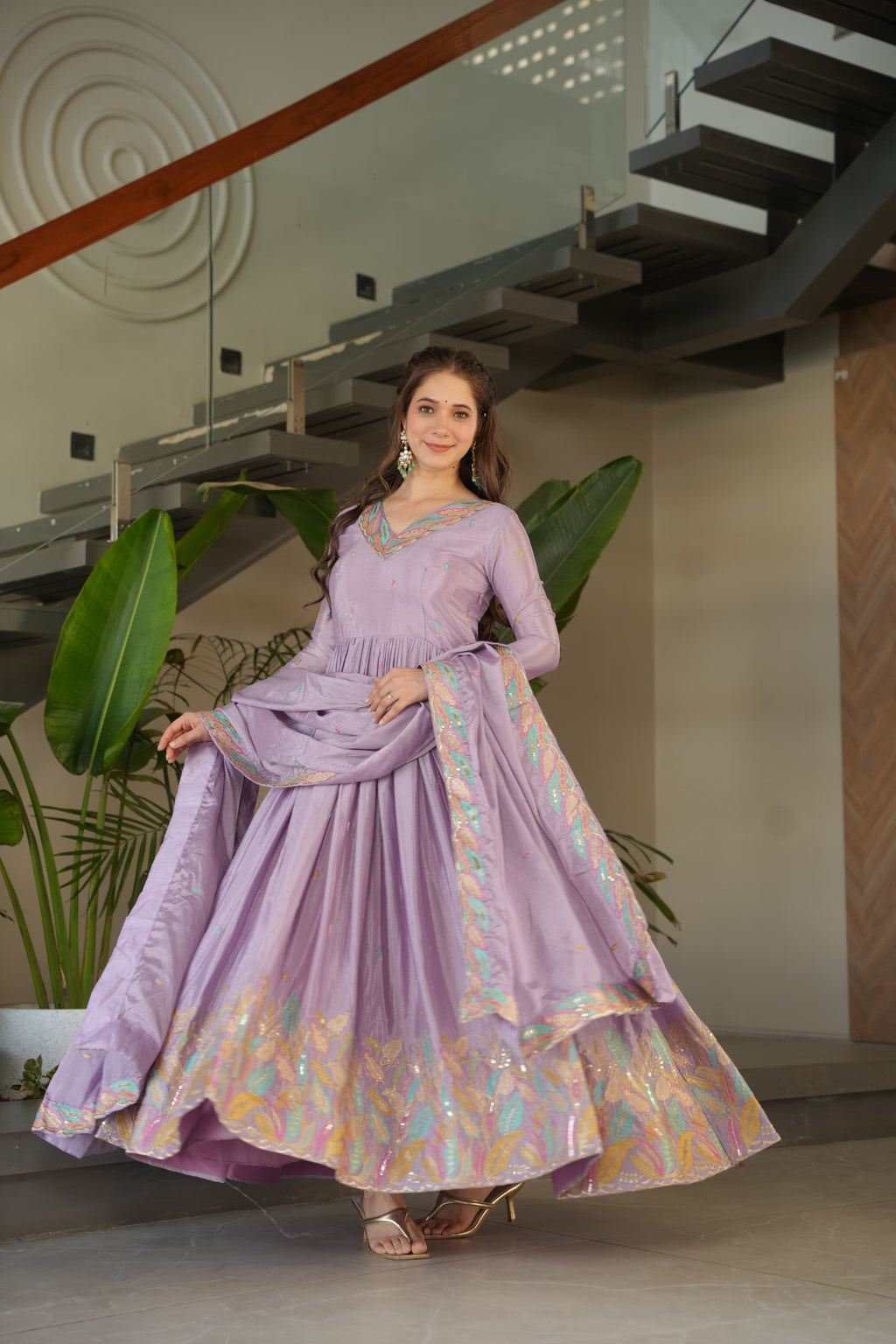 Prazu Fashion Lavender Chinon Silk Sequence Gown With Dupatta