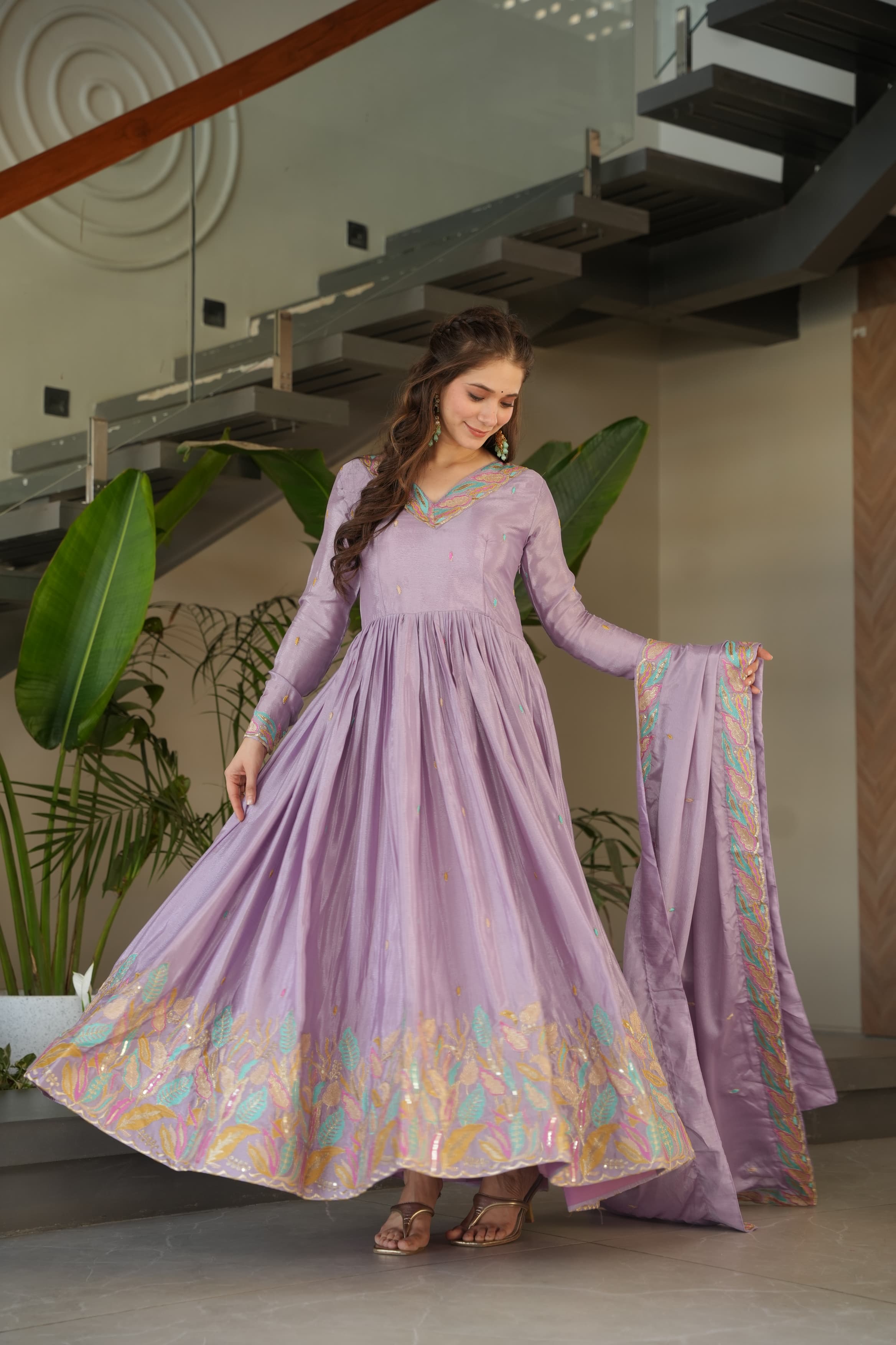 Prazu Fashion Lavender Chinon Silk Sequence Gown With Dupatta