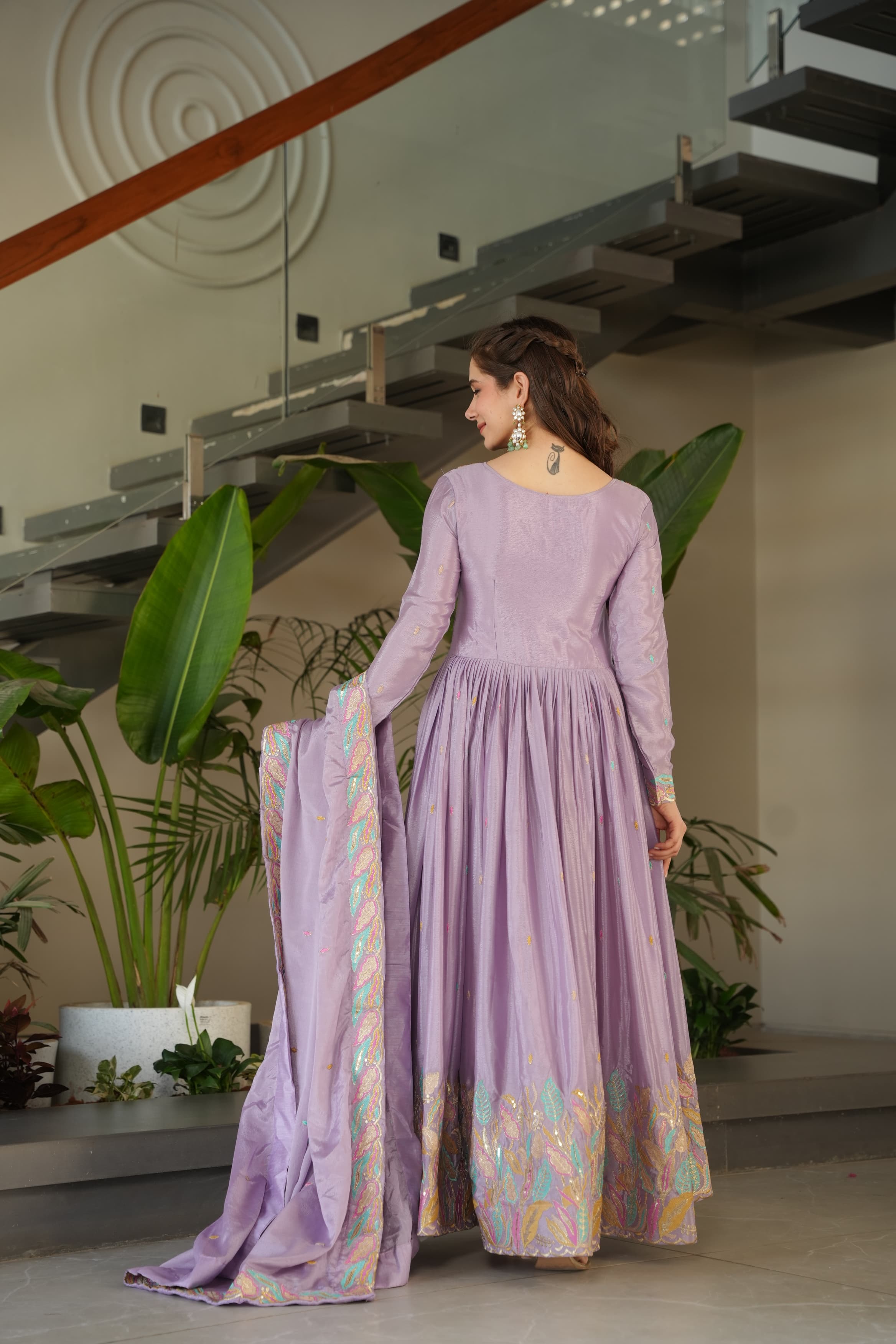 Prazu Fashion Lavender Chinon Silk Sequence Gown With Dupatta