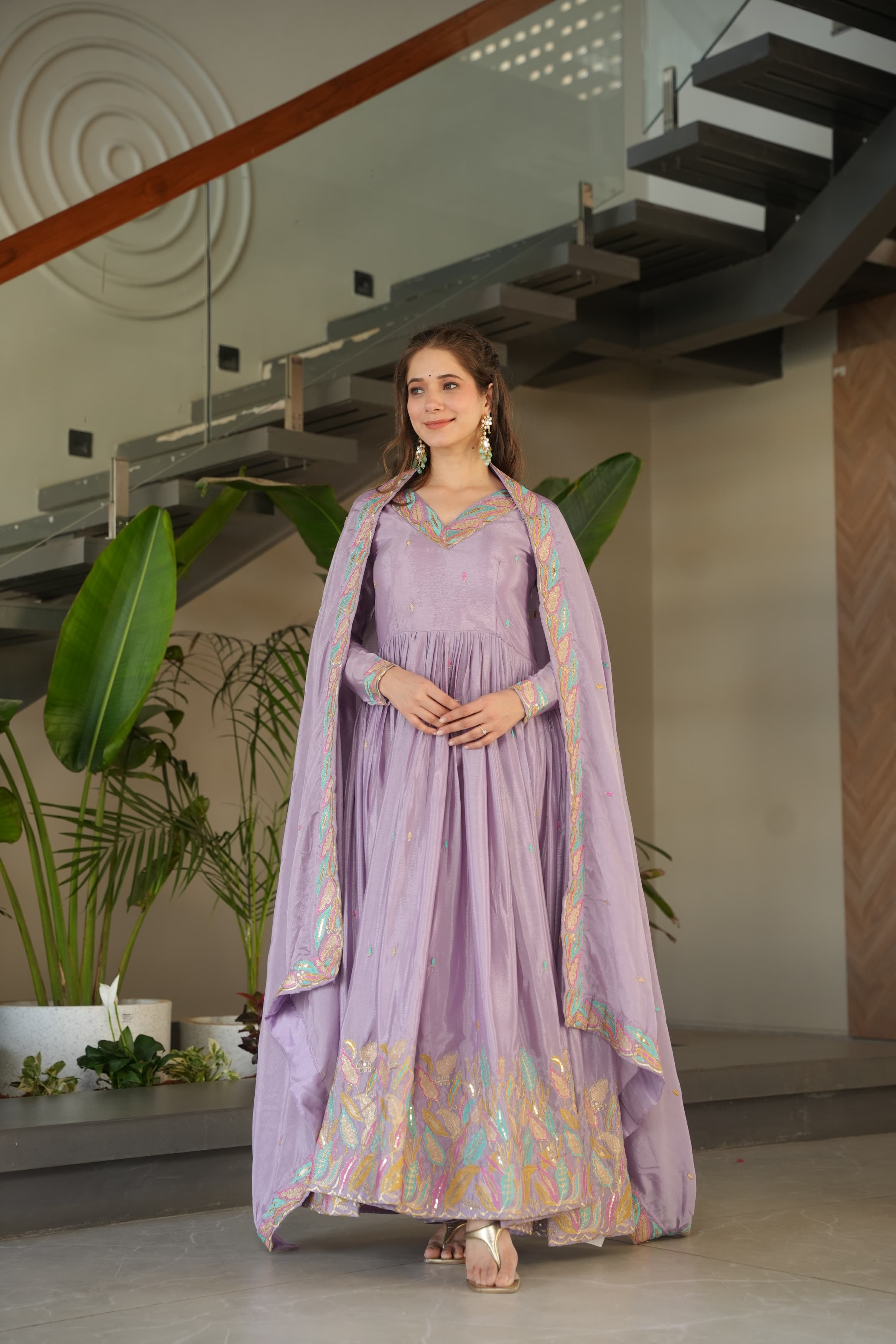 Prazu Fashion Lavender Chinon Silk Sequence Gown With Dupatta