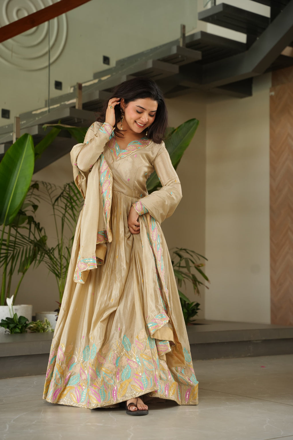 Prazu Fashion Off White Chinon Silk Sequence Gown With Dupatta