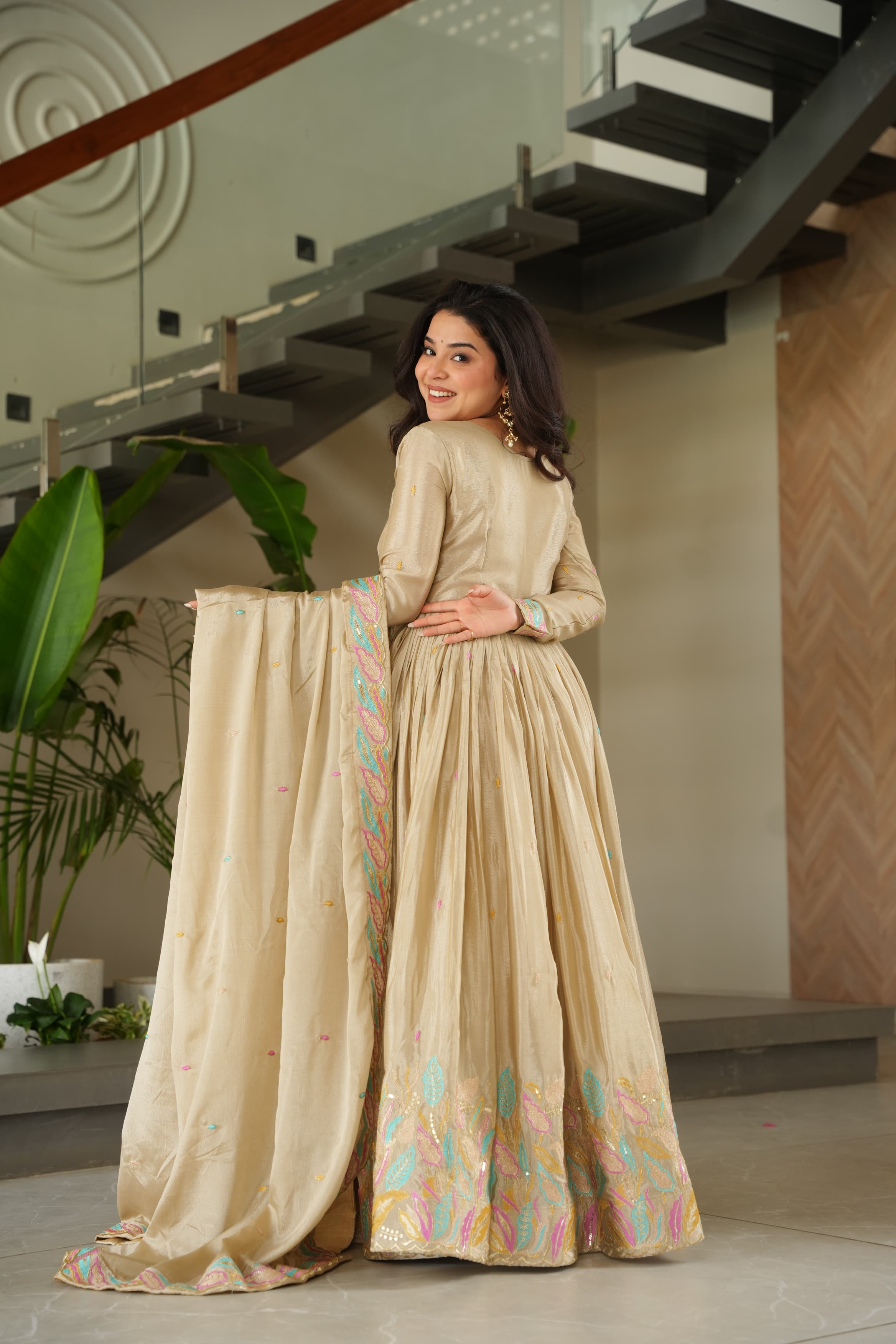 Prazu Fashion Off White Chinon Silk Sequence Gown With Dupatta