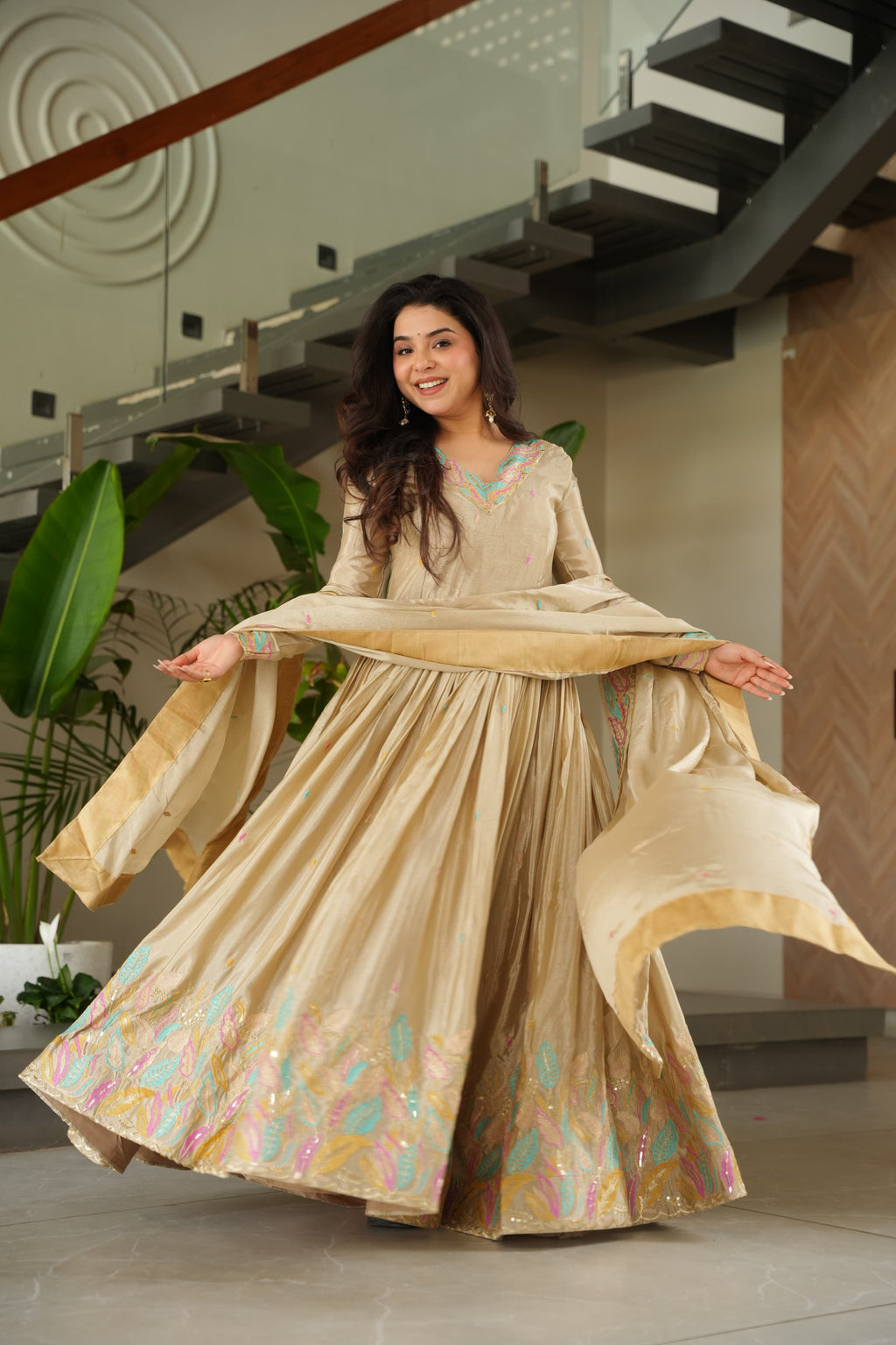 Prazu Fashion Off White Chinon Silk Sequence Gown With Dupatta