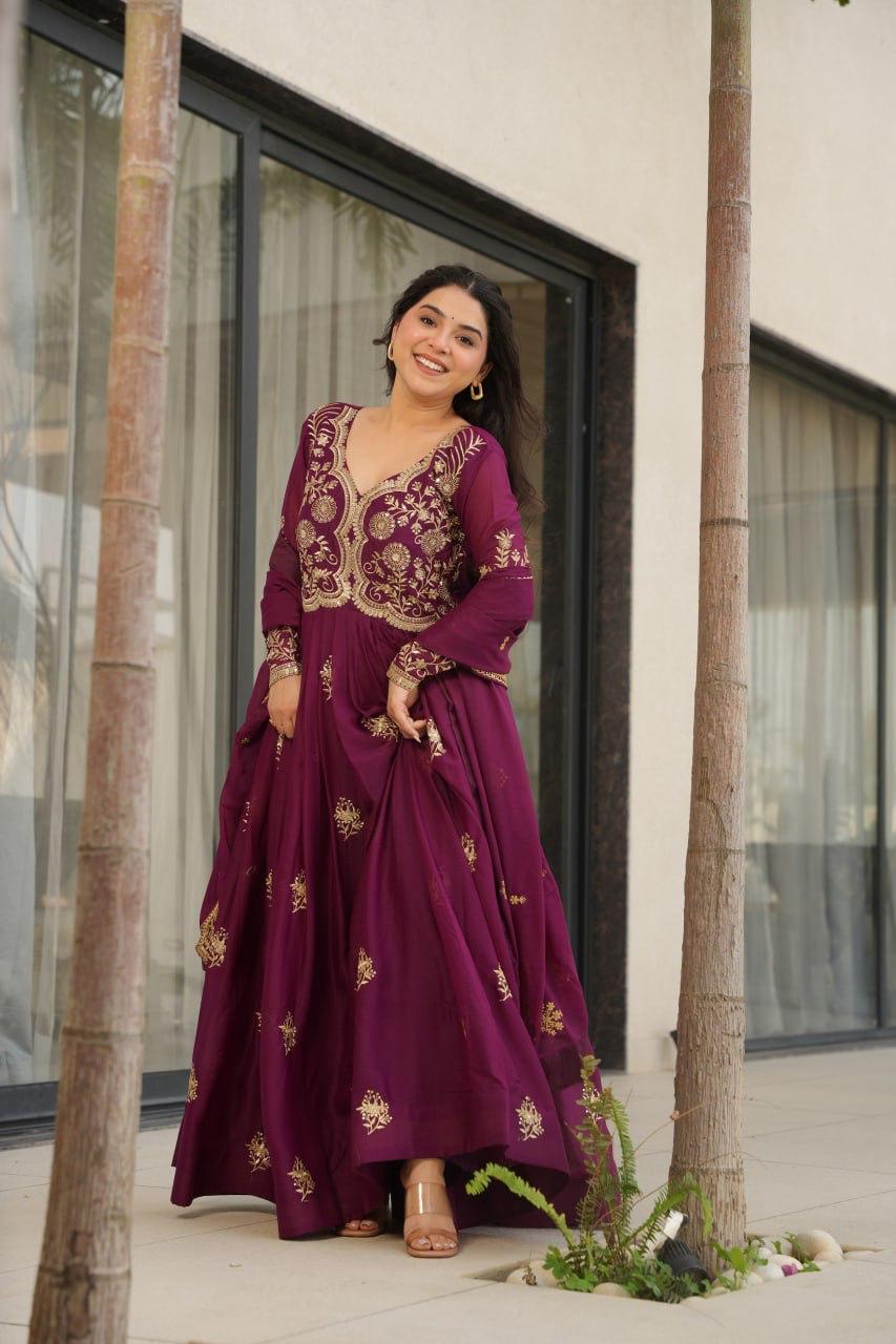 Prazu Fashion Wine Georgette Sequins & Zari Embroidery Gown