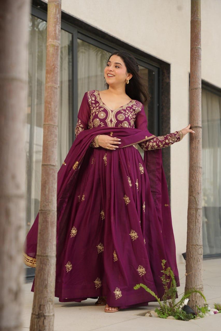Prazu Fashion Wine Georgette Sequins & Zari Embroidery Gown