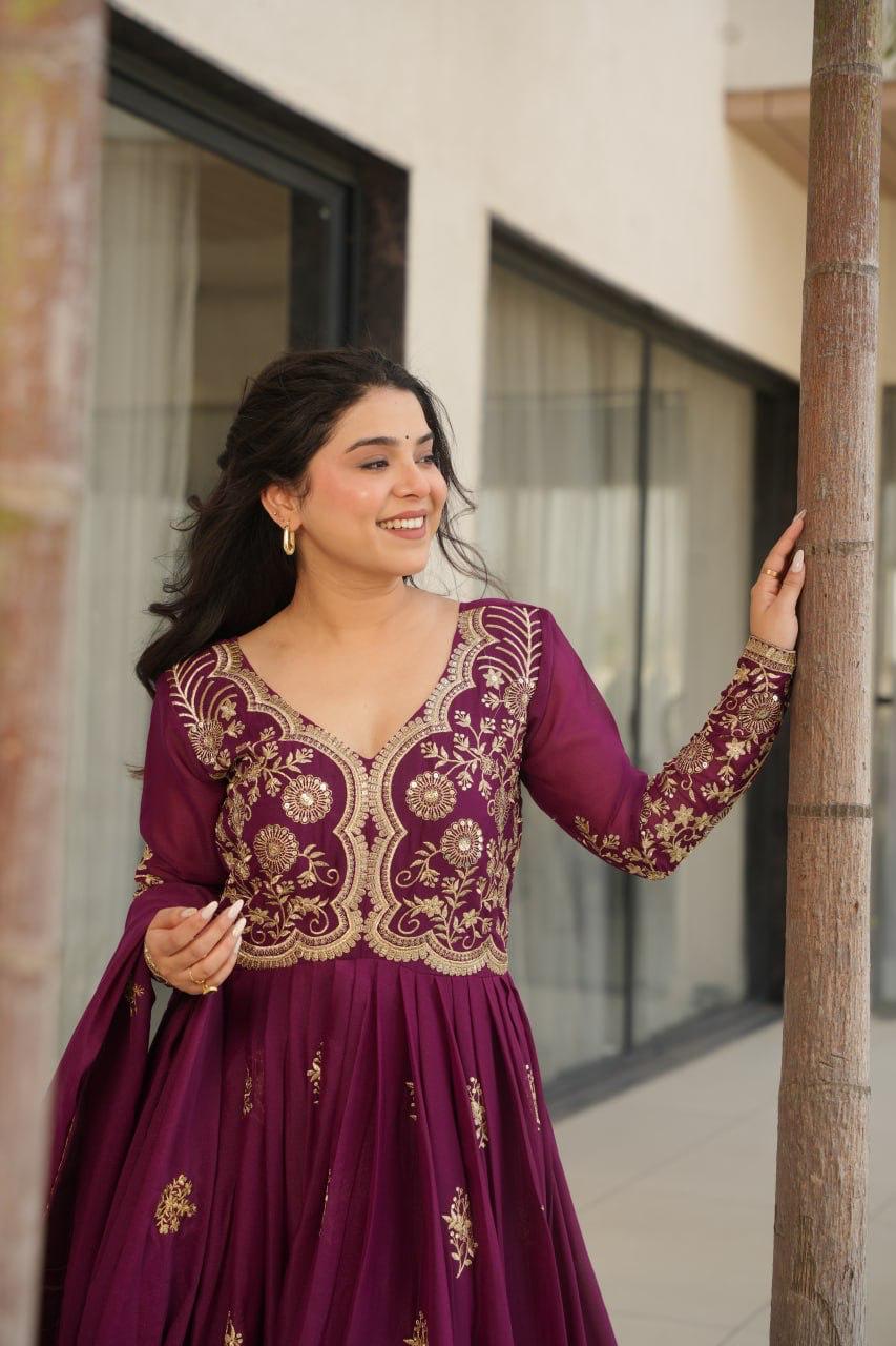 Prazu Fashion Wine Georgette Sequins & Zari Embroidery Gown