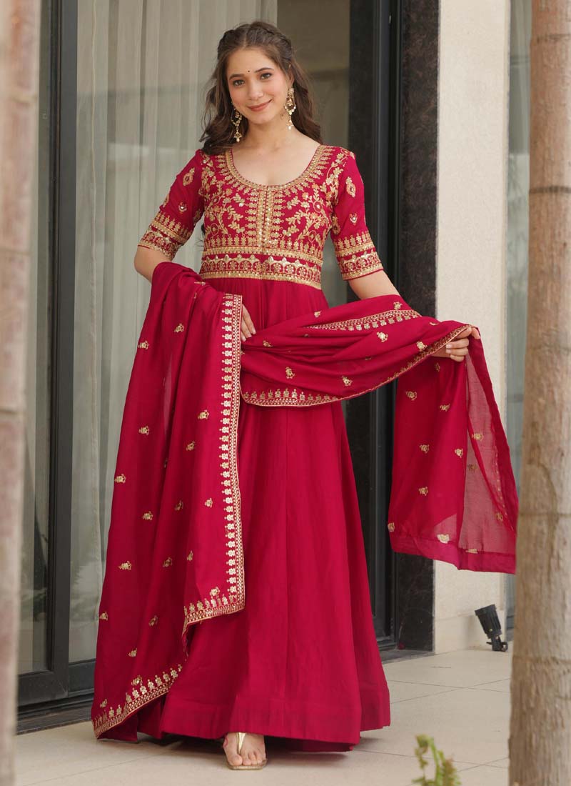 Prazu Fashion Red Vichitra Silk Embroidered Sequence Gown With Dupatta