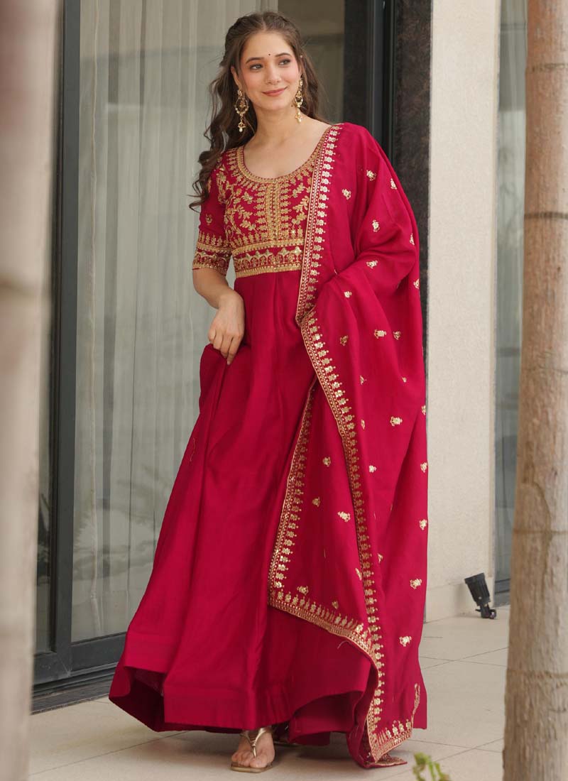 Prazu Fashion Red Vichitra Silk Embroidered Sequence Gown With Dupatta