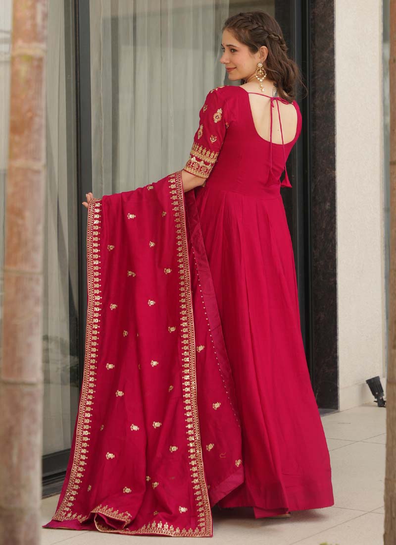 Prazu Fashion Red Vichitra Silk Embroidered Sequence Gown With Dupatta