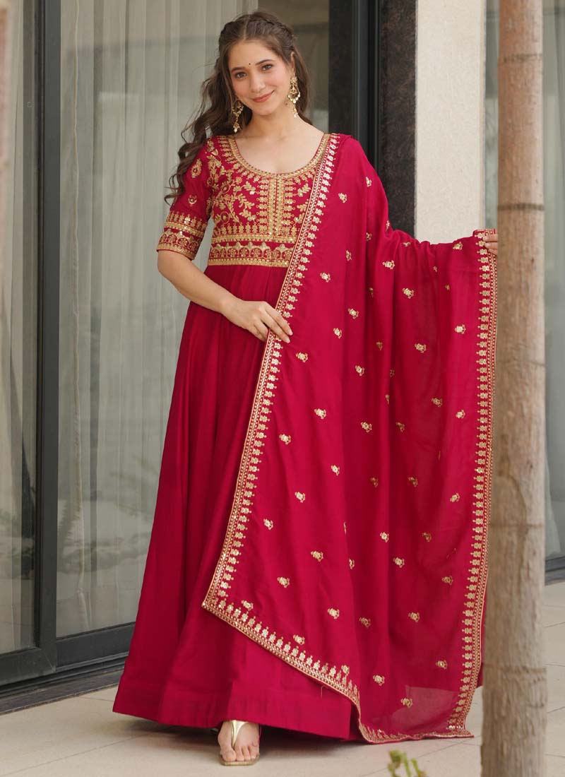 Prazu Fashion Red Vichitra Silk Embroidered Sequence Gown With Dupatta