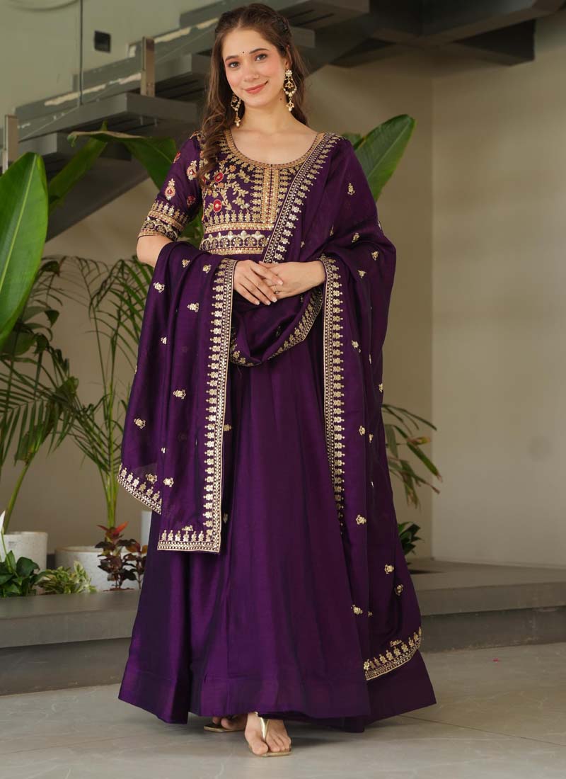 Prazu Fashion Violet Vichitra Silk Embroidered Sequence Gown With Dupatta