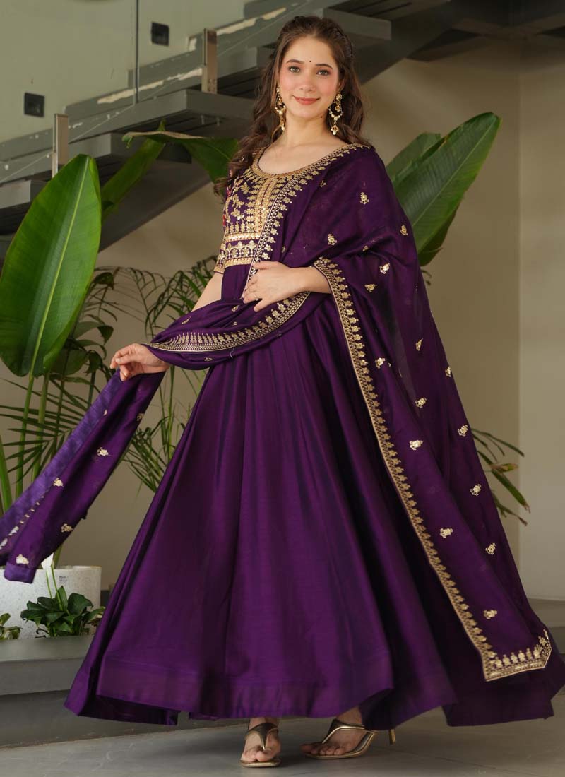 Prazu Fashion Violet Vichitra Silk Embroidered Sequence Gown With Dupatta