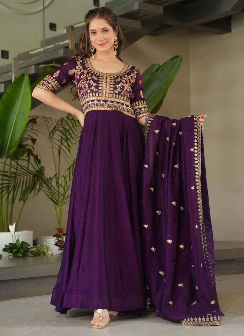 Prazu Fashion Violet Vichitra Silk Embroidered Sequence Gown With Dupatta
