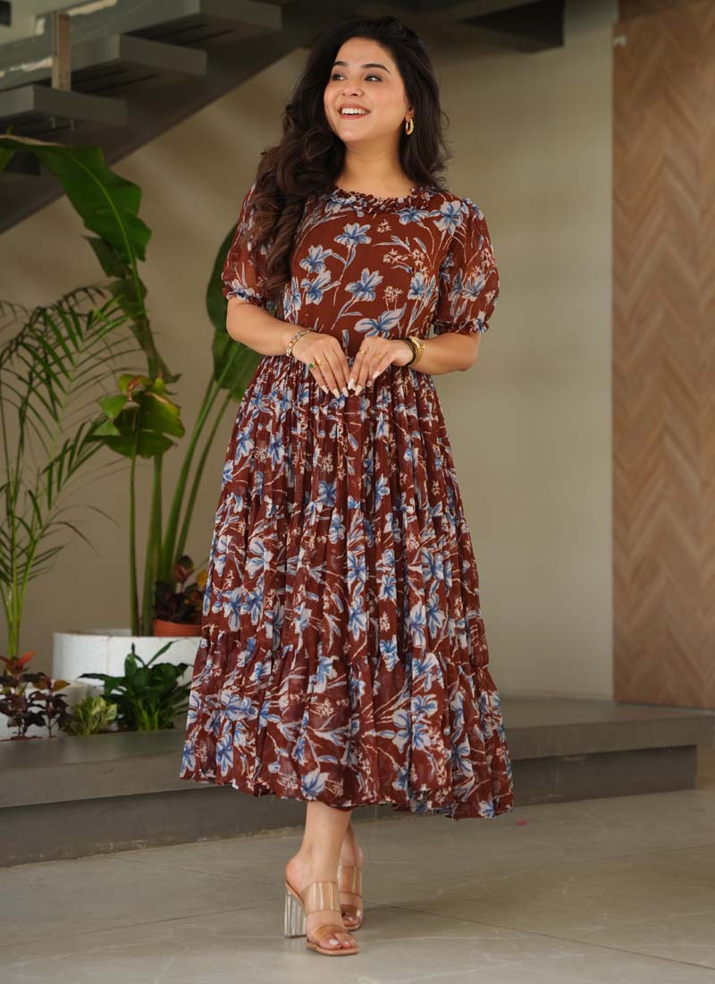 Prazu Fashion Brown Georgette Printed Designer Gown