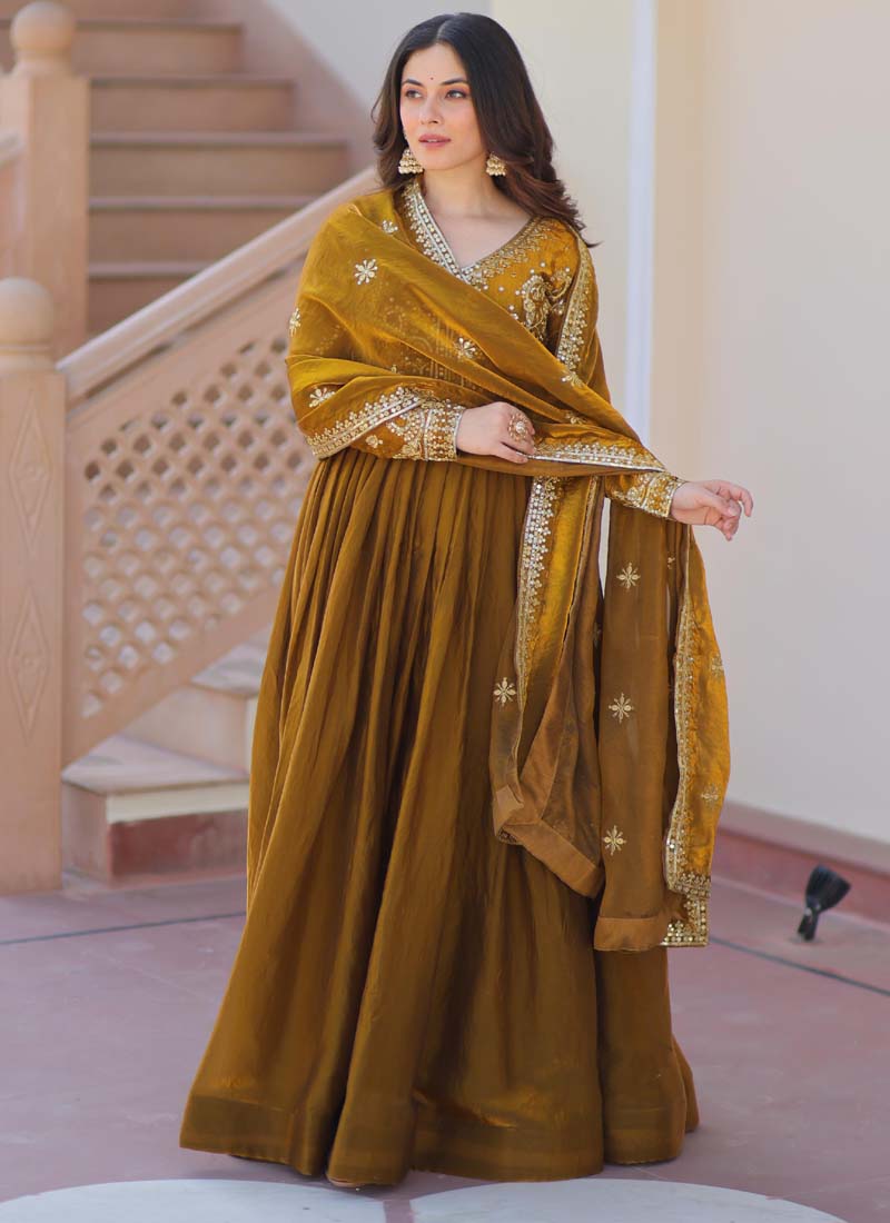 Prazu Fashion Mahendi Silk Embroidered Gown With Dupatta