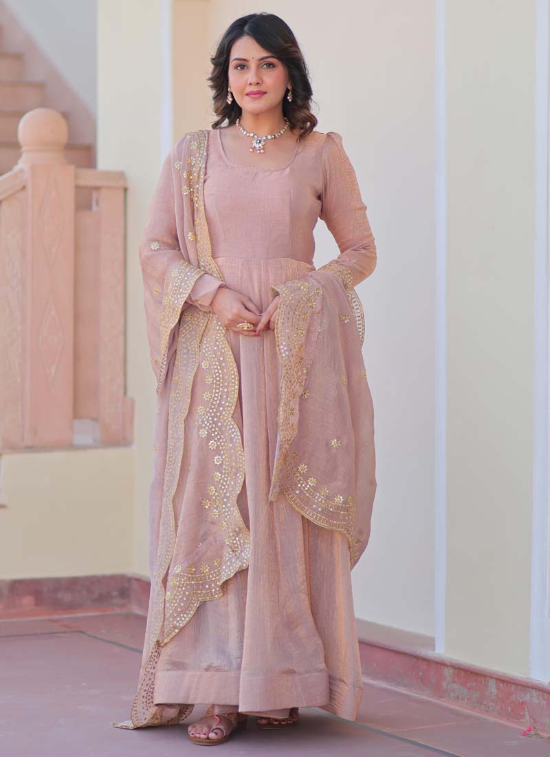 Prazu Fashion Light Peach Fendy Chiffon Embroidered Gown With Dupatta