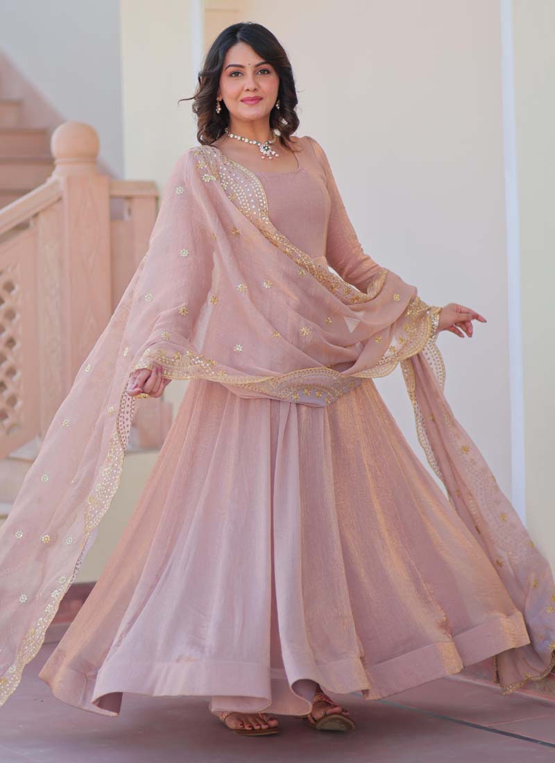 Prazu Fashion Light Peach Fendy Chiffon Embroidered Gown With Dupatta