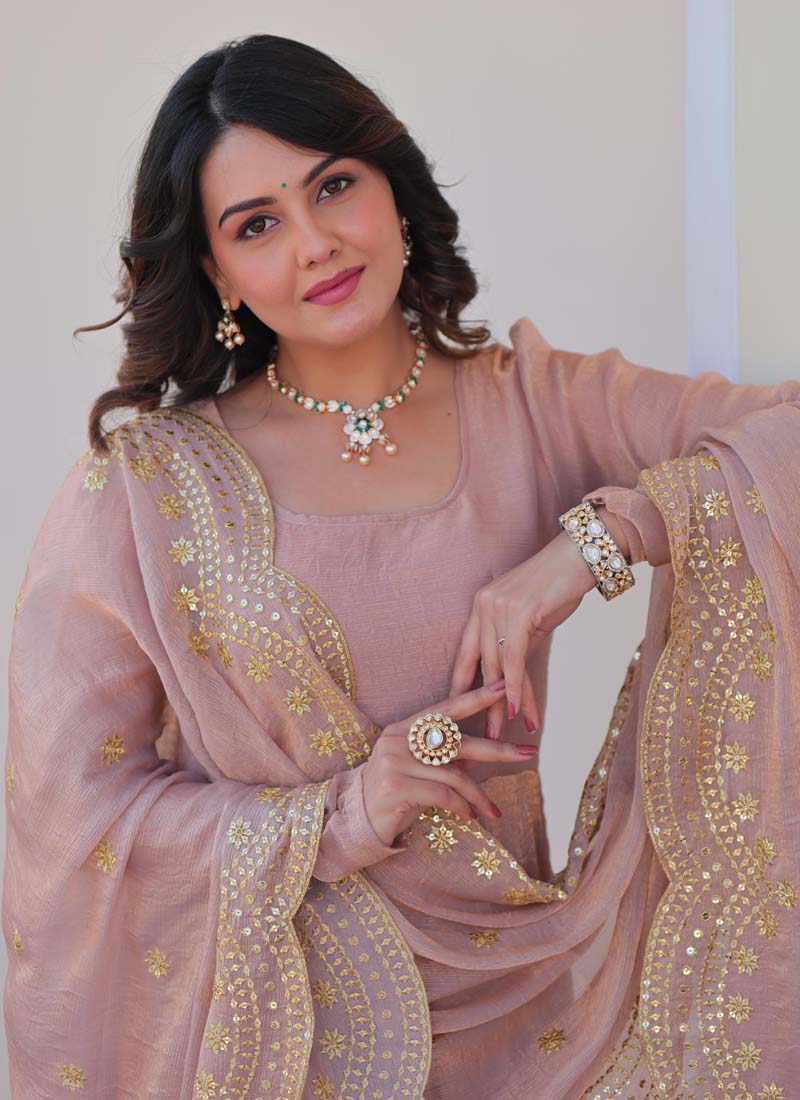 Prazu Fashion Light Peach Fendy Chiffon Embroidered Gown With Dupatta