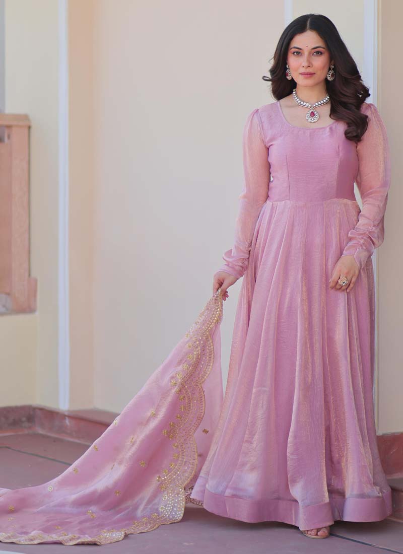 Prazu Fashion Pink Fendy Chiffon Embroidered Gown With Dupatta
