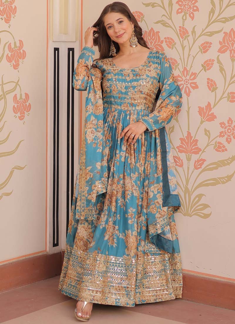 Prazu Fashion Sky Blue Russian Silk Embroidered Gown With Dupatta