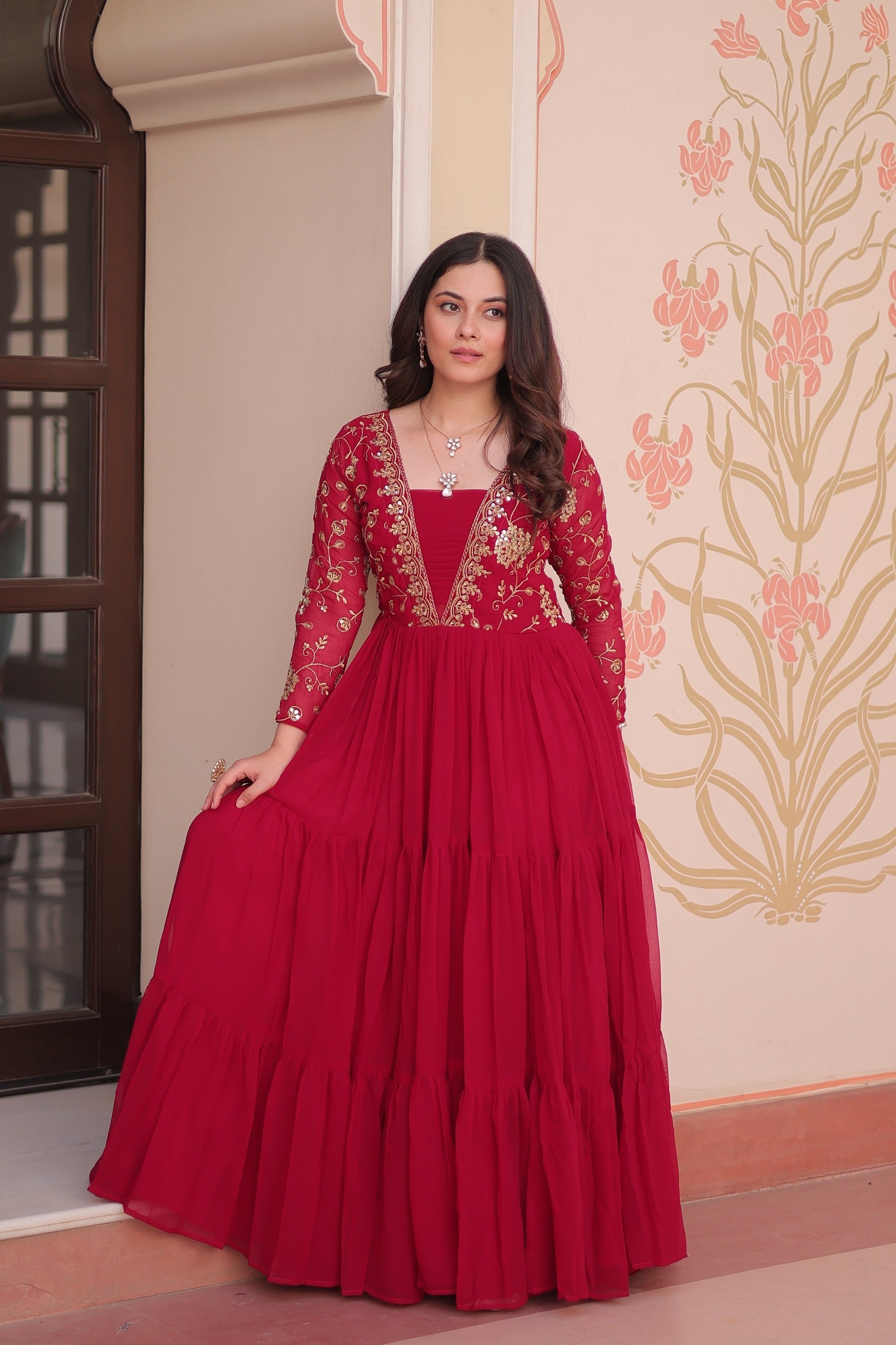Prazu Fashion Pink Georgette Embroidered Designer Gown