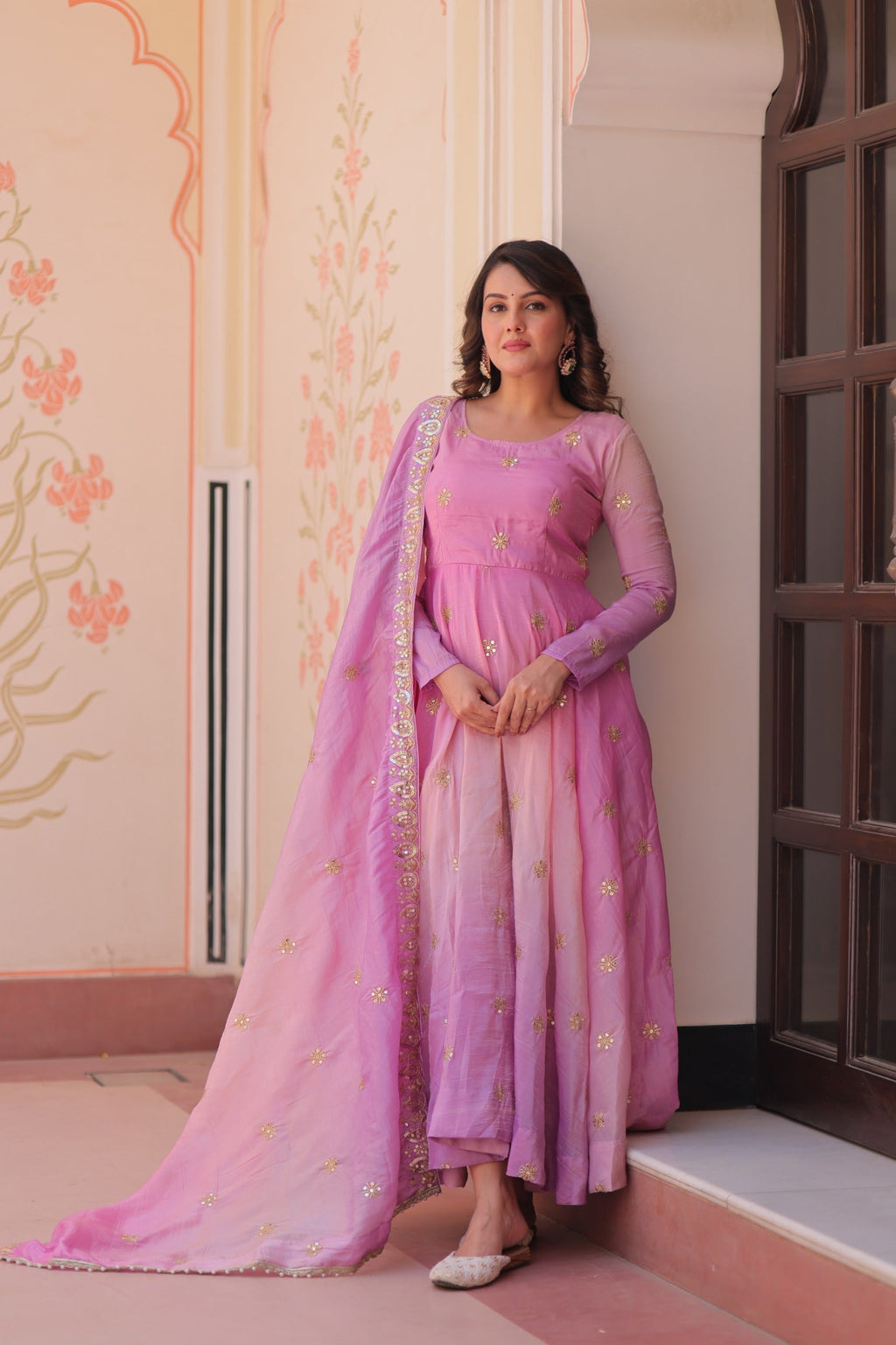 Prazu Fashion Pink Organza Embroidered Gown With Dupatta