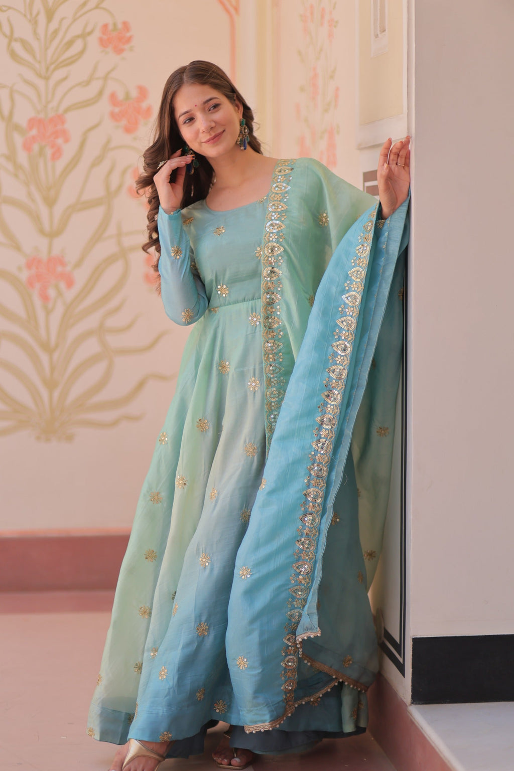 Prazu Fashion Sky Blue Organza Embroidered Gown With Dupatta
