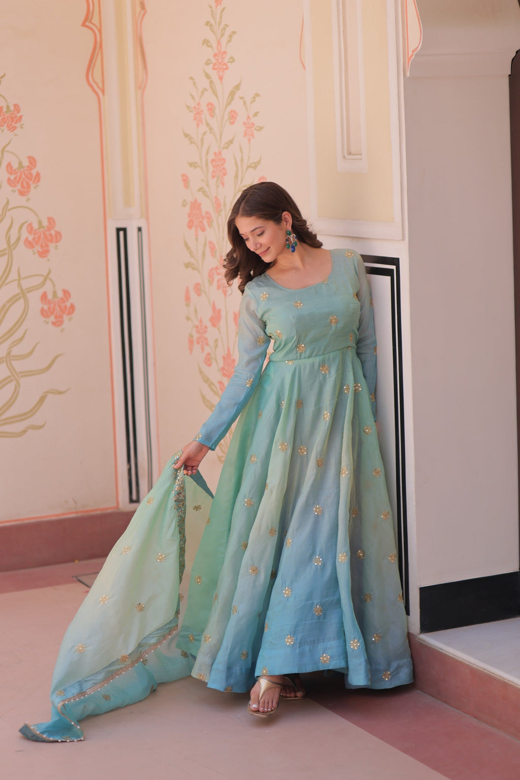 Prazu Fashion Sky Blue Organza Embroidered Gown With Dupatta