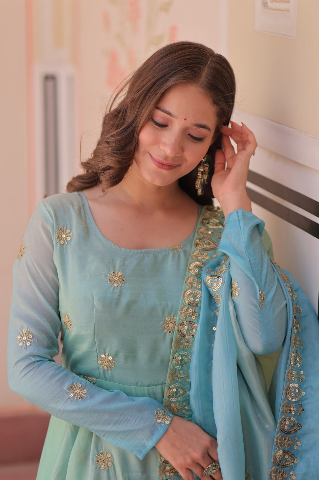 Prazu Fashion Sky Blue Organza Embroidered Gown With Dupatta