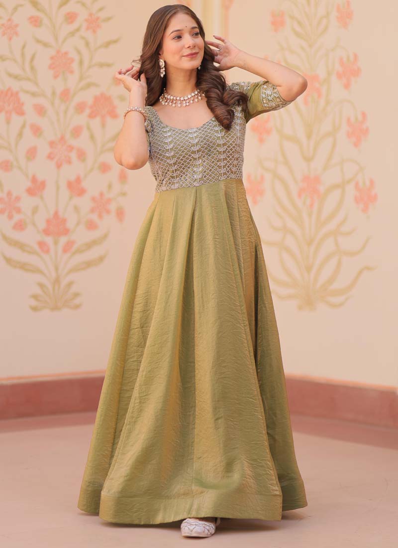 Prazu Fashion Mahendi Silk Beads Embroidered Gown