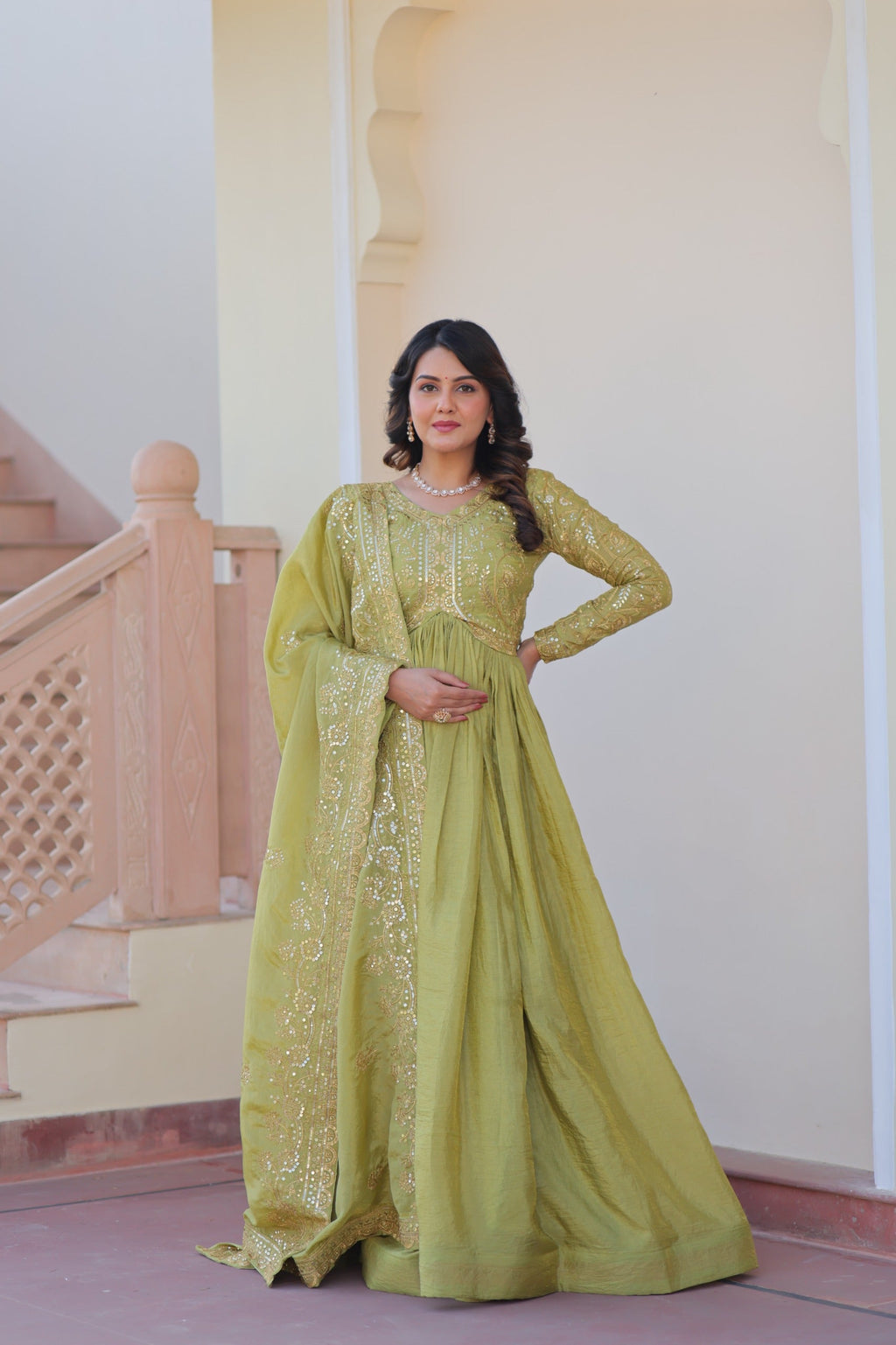 Prazu Fashion Parrot Green Gold Cursh Sequence Gown With Dupatta