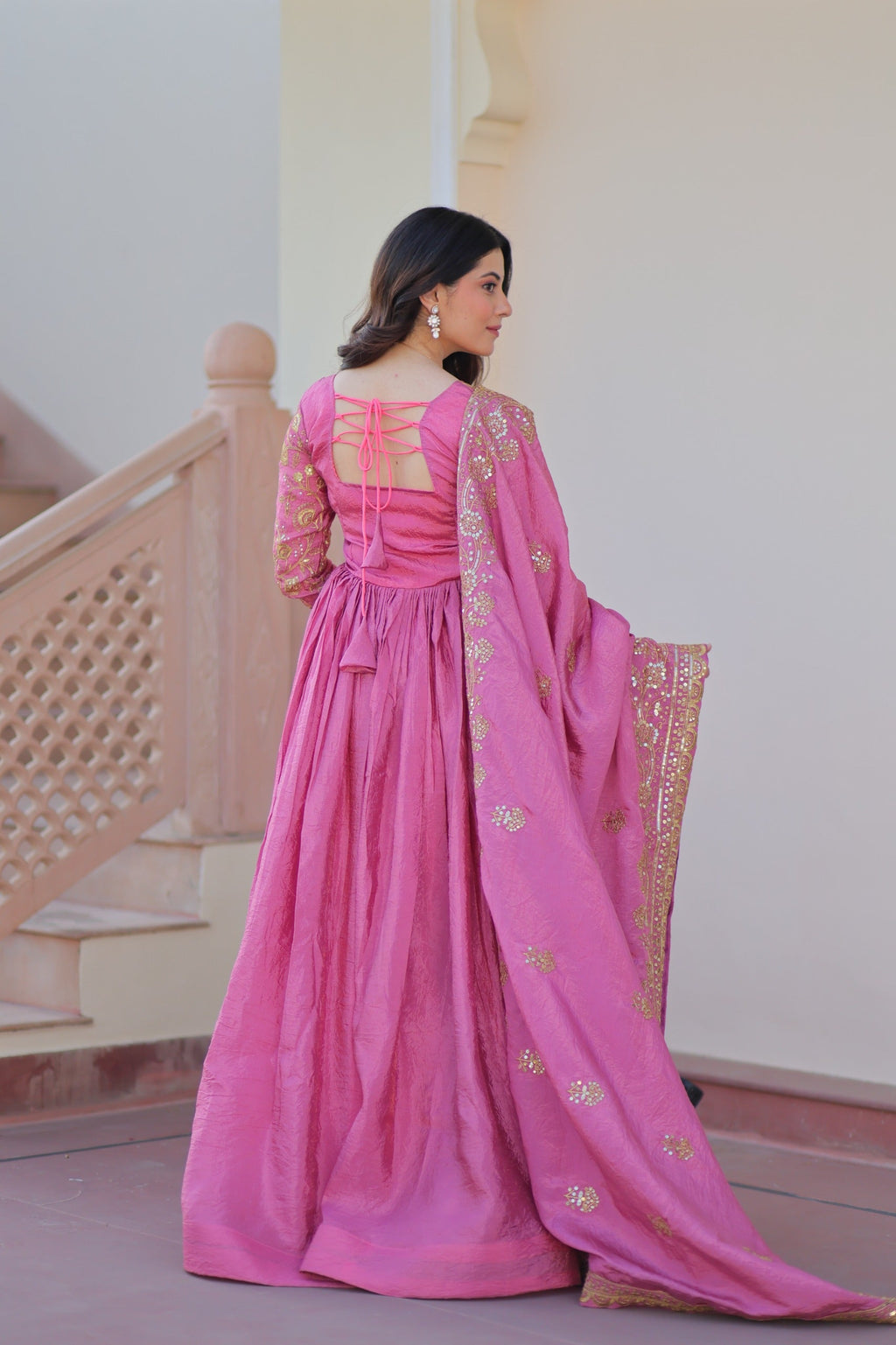 Prazu Fashion Light Pink Gold Cursh Sequence Gown With Dupatta