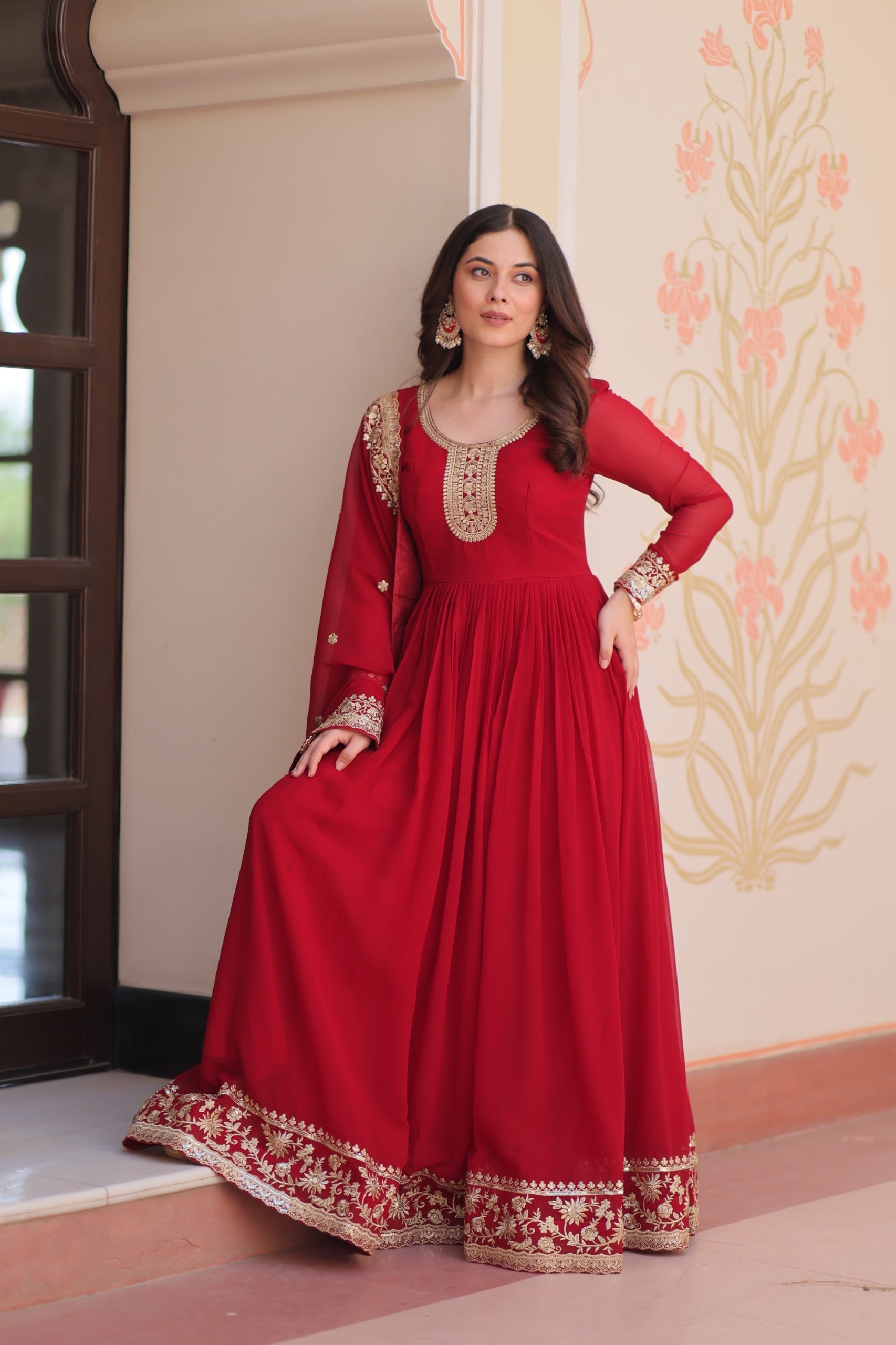 Prazu Fashion Maroon Georgette Zari & Sequins Embroidered Gown