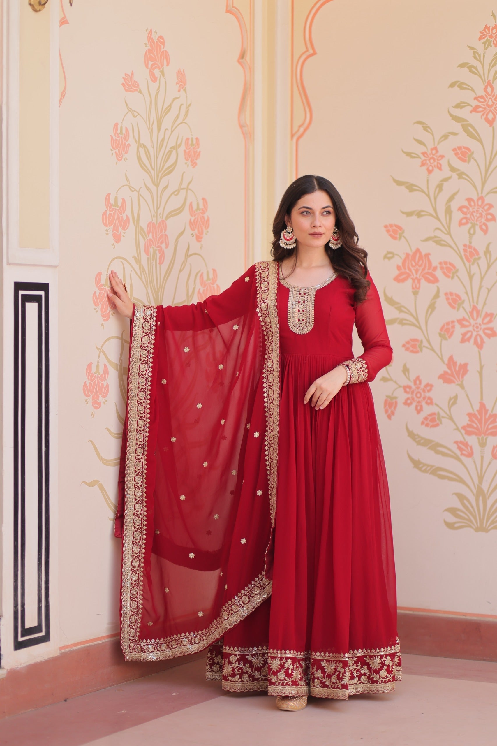 Prazu Fashion Maroon Georgette Zari & Sequins Embroidered Gown