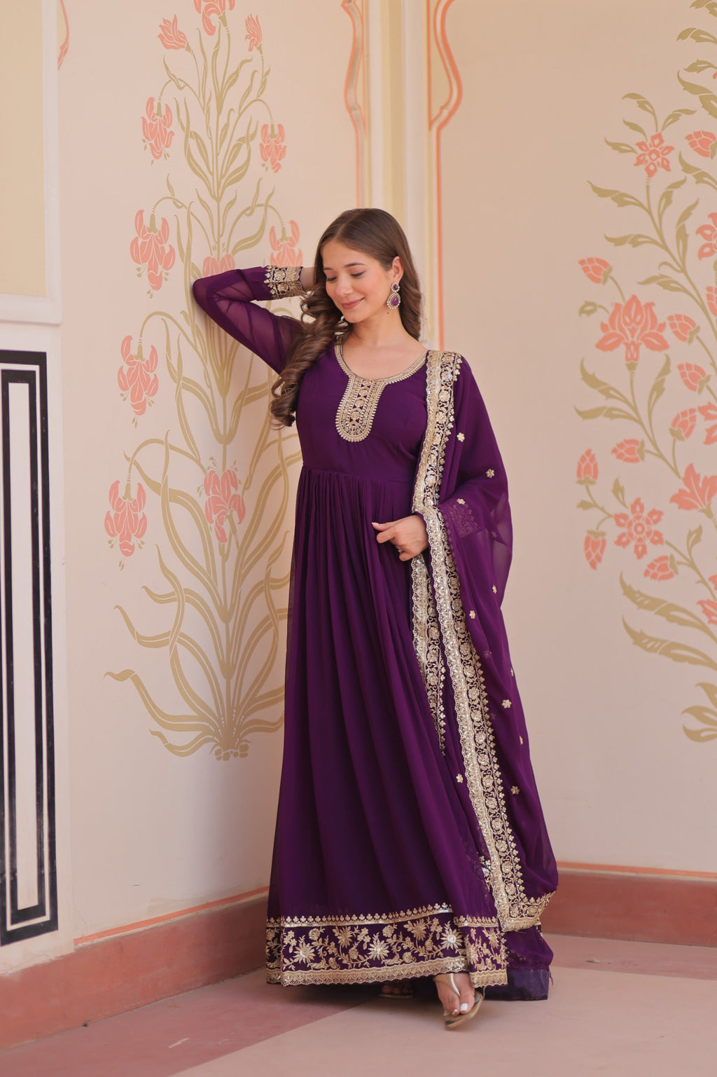 Prazu Fashion Purple Georgette Zari & Sequins Embroidered Gown