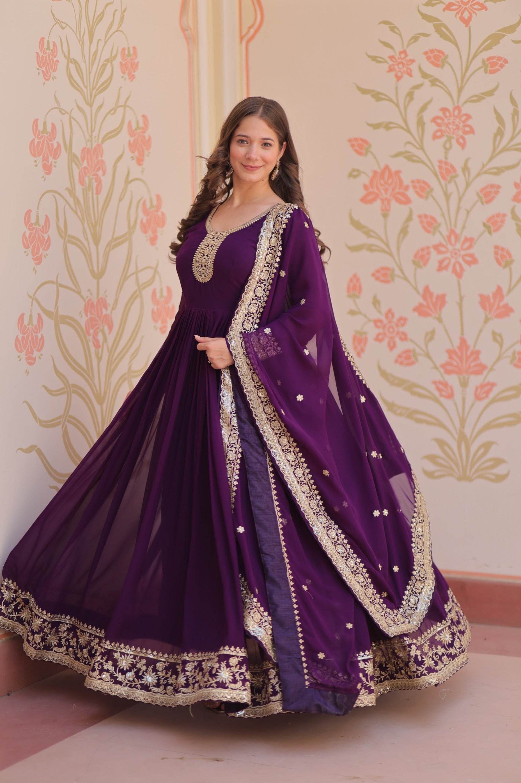 Prazu Fashion Purple Georgette Zari & Sequins Embroidered Gown