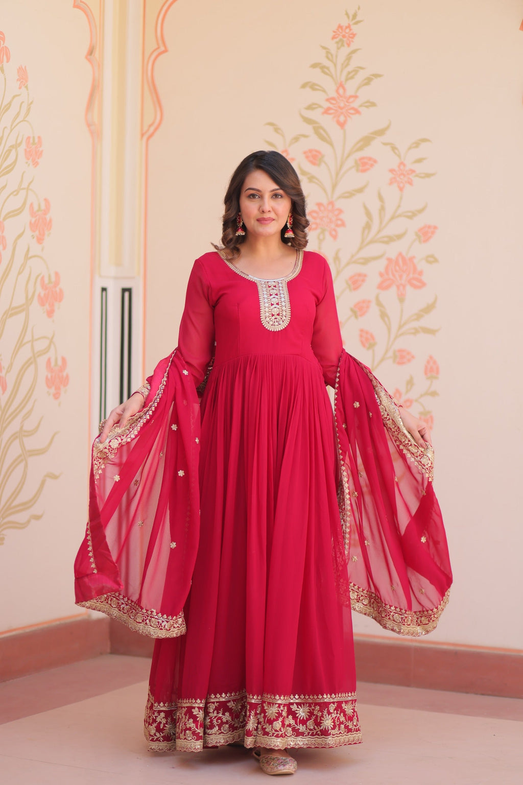 Prazu Fashion Rani Pink Georgette Zari & Sequins Embroidered Gown