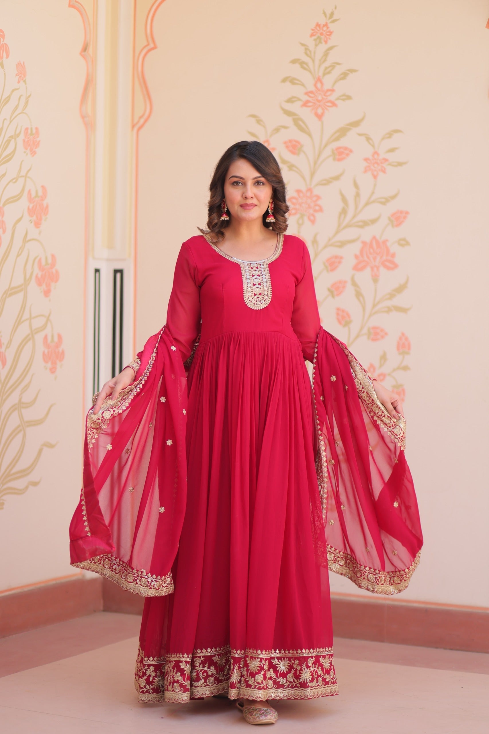 Prazu Fashion Rani Pink Georgette Zari & Sequins Embroidered Gown