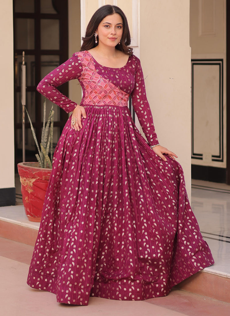 Prazu Fashion Wine Silk Position Print Jacquard Weaving Gown