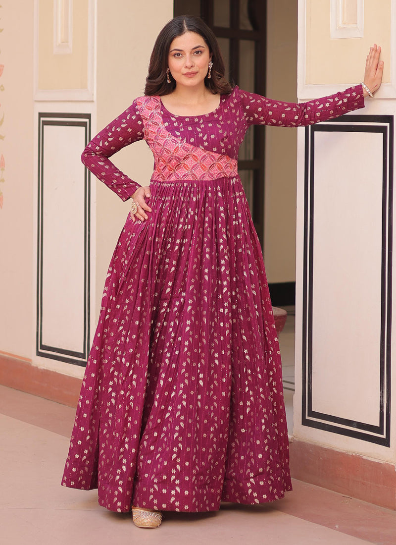 Prazu Fashion Wine Silk Position Print Jacquard Weaving Gown