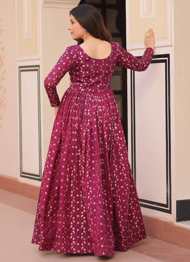 Prazu Fashion Wine Silk Position Print Jacquard Weaving Gown