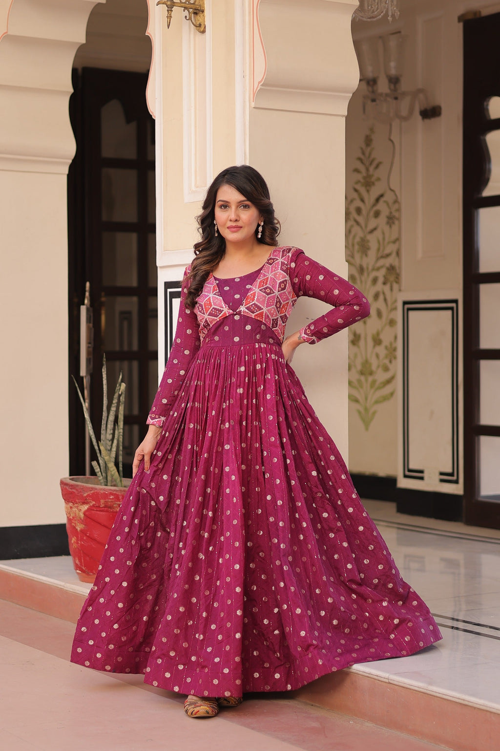 Prazu Fashion Wine Position Print Choli With Staple Jequard Weaving Work Gown