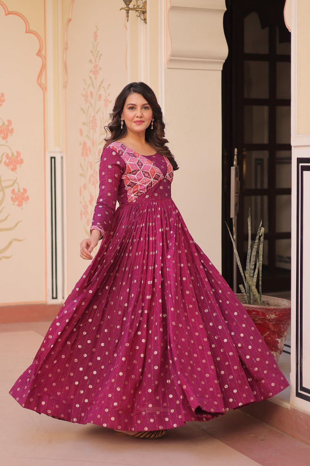 Prazu Fashion Wine Position Print Choli With Staple Jequard Weaving Work Gown