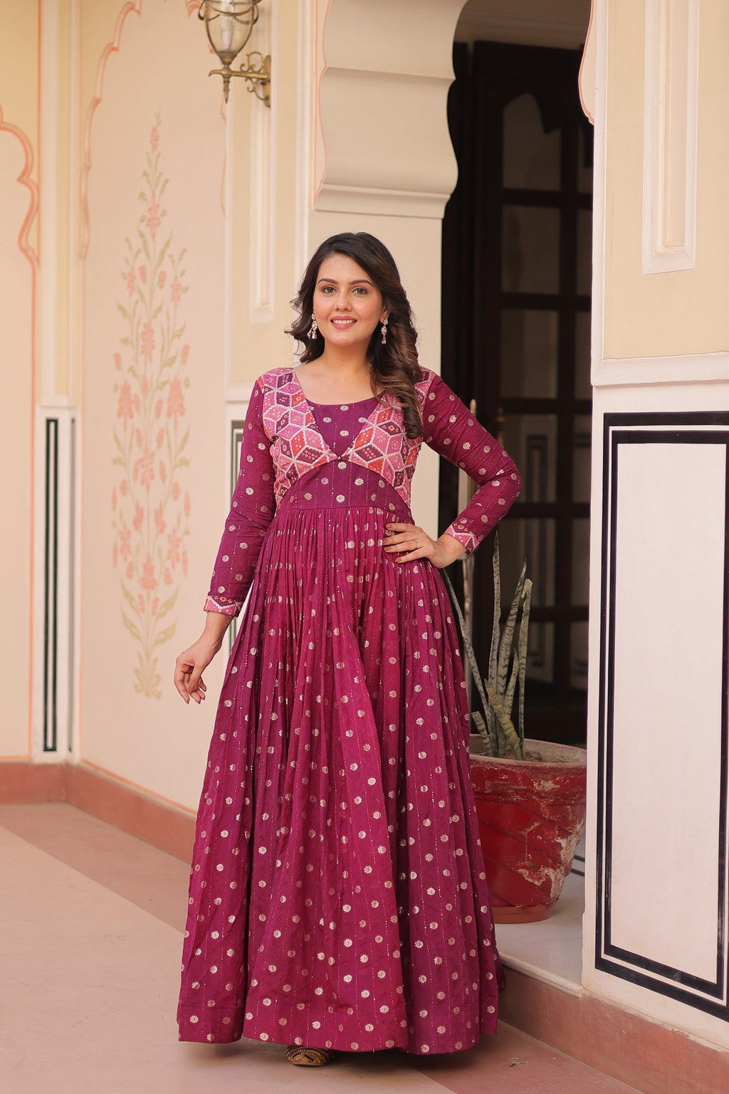 Prazu Fashion Wine Position Print Choli With Staple Jequard Weaving Work Gown