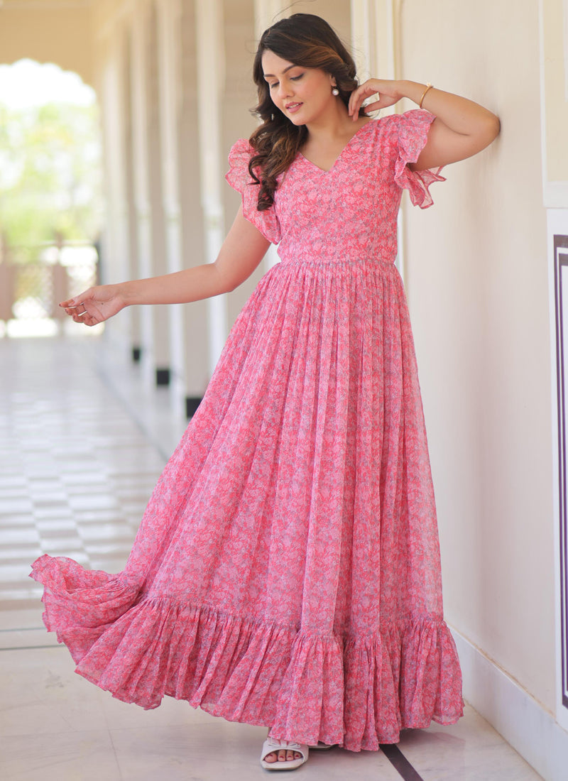 Prazu Fashion Light Pink Georgette Printed Gown